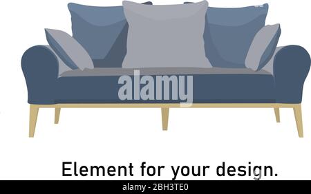 Modern trendy sofa with pillows. Vector illustration. Element for design. Blue sofa. Stock Vector
