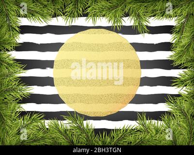 Luxury Invitation poster frame of pine, fir, spruce branches for a Christmas party on a striped black ans white background. Template for the holiday Stock Vector