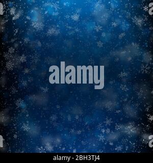 Fallen defocused light and snowflakes. Winter dark background template. EPS 10 Stock Vector