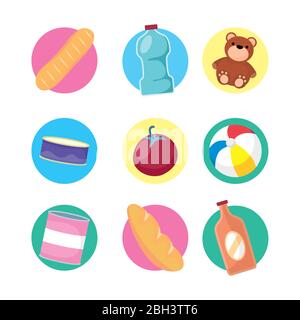 set of groceries and toys set icons Stock Vector