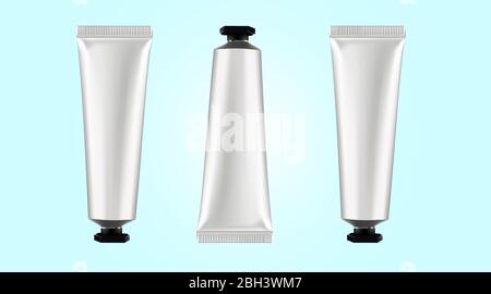 Realistic small plastic Tube Cream Vector. Mock Up. Cosmetic, Cream, Tooth Paste, Glue. Silver Packaging Illustration. Isolated with black lid Stock Vector