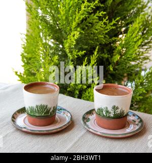 turkish coffee in handmade ceramic cups Stock Photo