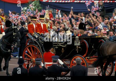 4th June 2002 - Prince William, Prince Andrew and Prince Harry travel in carriage along The Mall during Queen Elizabeth's Golden Jubilee parade in London, UK Stock Photo