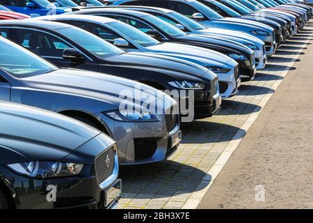 Used Jaguar motor cars for sale in a garage forecourt, Ayr, Scotland Stock Photo