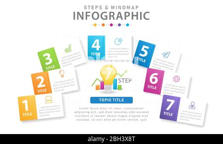 Infographic template for business. 7 Steps Modern Mindmap diagram with boxes, presentation vector infographic. Stock Vector