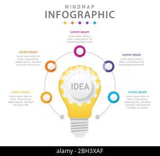 Infographic template for business. 6 Steps Modern Mindmap diagram with light bulb, presentation vector infographic. Stock Vector