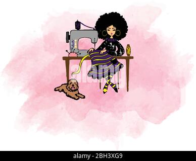 Afro girl sitting a shirt with dog sitting on ground Stock Vector
