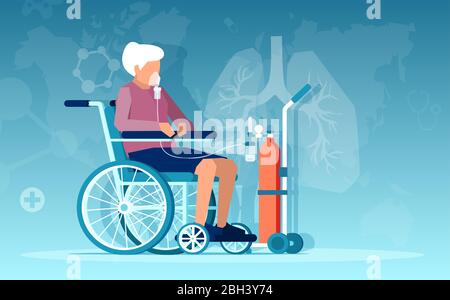 Vector of a senior woman sitting in wheelchair having respiratory difficulties on oxygen therapy Stock Vector