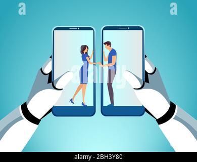 Online dating app concept. Vector of a robot hands holding two smartphones connecting young couple via socila media platform Stock Vector