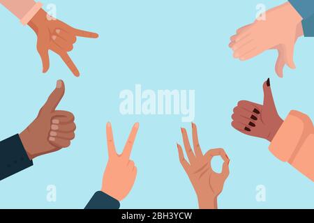 Vector of hands of multicultural people clapping,  giving thumbs up, showing ok, victory and peace gestures on blue background Stock Vector