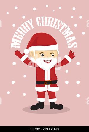 Vector illustration of a happy boy dressed up as jolly santa clause and waving arms in air. Merry Christmas greeting and snowing pink background. Stock Vector