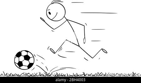 Vector cartoon stick figure drawing conceptual illustration of man or football player running with ball to score goal. Concept of sport or game. Stock Vector