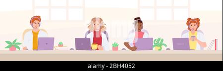 Smiling doctor answer calls advise. Call center hotline. Multiethnic doctors with headsets, health care, cartoon. Customer support department staff. Coronavirus prevention concept. Vector illustration Stock Vector
