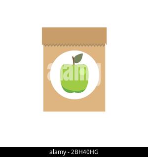 Brown craft paper bag and green apple template isolated on white background. Stock Vector