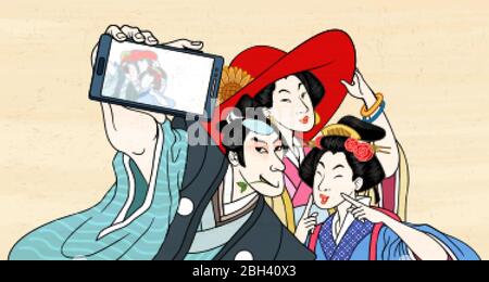 Retro Japanese people taking selfie with smartphone in traditional ukiyo-e style, isolated on yellow background Stock Vector