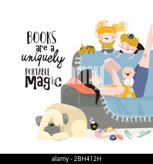 Mother and her kids reading book on sofa Stock Vector