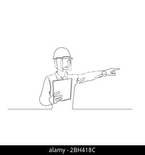 Continuous one line woman engineer in a helmet with a tablet controls the process, points a finger. Vector stock illustration. Stock Vector