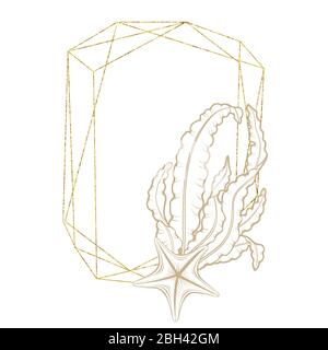 Seashell seaweed sketch in gold geometric line frame, vector wreath design. Ocean seashell and coral engraving in golden border with foil texture, marine underwater design in hand drawn hatching Stock Vector