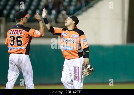 Jasso Urquidez,Carlos Gastelum festeja triunfo de naranjeros , durante el juego a beisbol de Naranjeros vs Cañeros durante la primera serie de la Liga Stock Photo