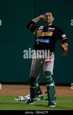 Saul Soto catcher de Mochis, durante el juego de beisbol de Naranjeros vs Cañeros durante la primera serie de la Liga Mexicana del Pacifico. 15 octubr Stock Photo