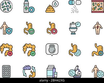 Set of Probiotic Color Line Icons. Lactobacilli, Intestines, Vitamins and more. Stock Vector