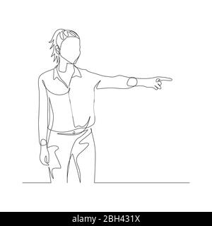 Continuous one line woman points the direction with her forefinger. Vector Stock Vector