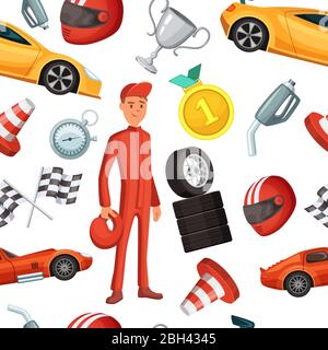 Seamless pattern with racer and racing sport cars. Vector sport illustrations formula one competition background Stock Vector