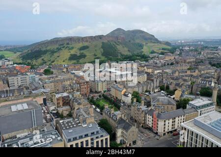 Aerial drone view of Edinburgh city centre old town area Stock Photo