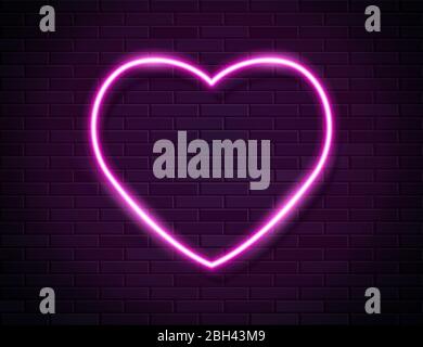 Neon Pink Glowing Heart Banner on Dark Empty Grunge Brick Background. Stock Vector