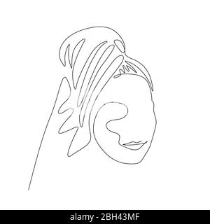 Continuous one line woman with a towel on her head after a shower. Vector illustration. Stock Vector