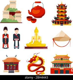 Traditional chinese cultural objects in vector style. China traditional oriental elements pagoda and teapot illustration Stock Vector