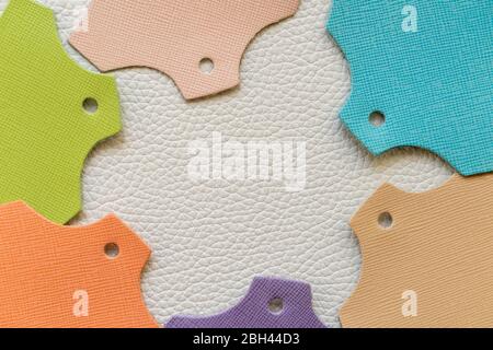 Colorful samples of genuine leather, texture. Abstract background, copy space Stock Photo