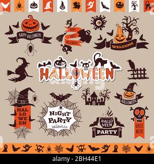 Halloween monochrome emblems for decoration. Vector collection halloween elements for holiday party Stock Vector