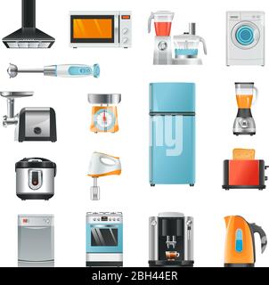 Different household in cartoon style. Electrical equipment for kitchen refrigerator and microwave, electronic mixer and blender, vector illustration Stock Vector