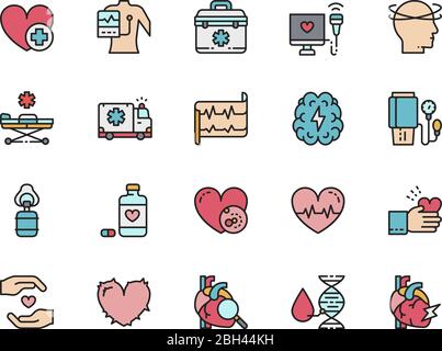 Set of Heart Attack Flat Color Icons. Cardiogram, Dizziness, Heartbeat and more. Stock Vector