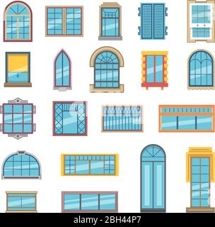 Exterior set of different plastic or wooden windows for apartment. Collection of window frame interior plastic for apartment room, vector illustration Stock Vector