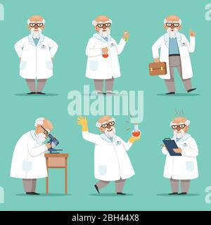 Character of old scientist or chemist. Mascot design of crazy professor. Male teacher. Vector pictures set. Chemist and scientist professor, experimen Stock Vector