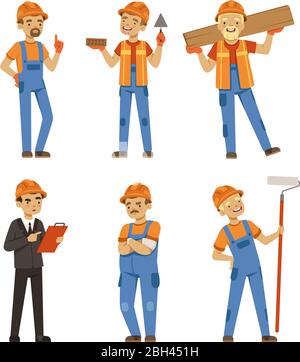 Mascot design of builders in different action poses. Industrial workers in specific uniform. Worker builder and engineer character, repairman occupati Stock Vector