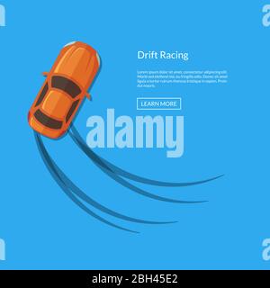 Vector drifting car top view with tire tracks illustration. Sport speed competition Stock Vector