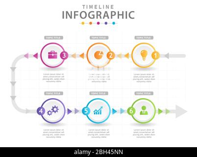 Infographic template for business. 6 Steps Modern Timeline diagram with arrows, presentation vector infographic. Stock Vector
