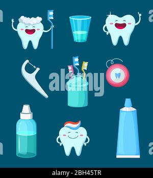 Funny characters illustration. Cartoon teeth with different emotions. Dental mascot toothpaste and toothbrush vector Stock Vector