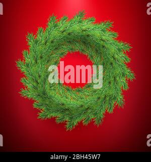 New year and Christmas wreath greeting template frame. Traditional winter decoration with evergreen green branches. EPS 10 Stock Vector