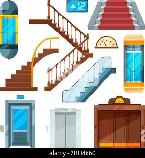 Elevators and stairs in different styles. Lift mechanisms in cartoon style. Elevator and lift, staircase and escalator, vector illustration Stock Vector