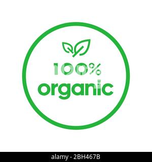 Organic 100 percent green circle sticker with leaf. Design element for packaging design and promotional material. Vector illustration. Stock Vector