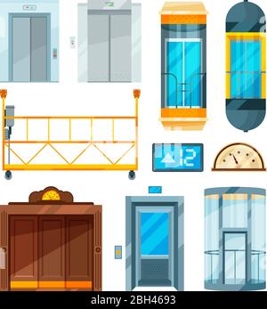 Set of different modern glass elevators. Vector pictures in cartoon style. Collection of lift and elevator door for hotel and modern office illustrati Stock Vector