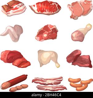 Different illustrations of meat. Marble beef, piece of lamb, and other food pictures in cartoon style. Steak pork, raw ham and fresh meat product vect Stock Vector