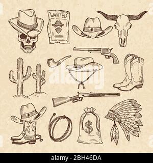 Western symbols. Cowboy, guns, saloon and other wild west pictures set. Vector hand drawn pictures. Wild west concept, gun revolver and skull, cactus Stock Vector
