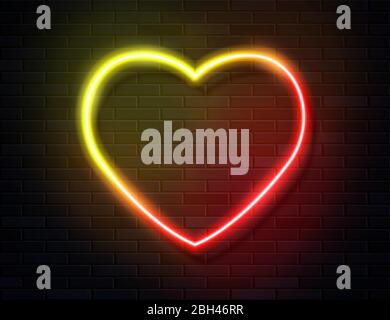 Neon Iridescent Glowing Heart Banner on Dark Empty Grunge Brick Background. Stock Vector