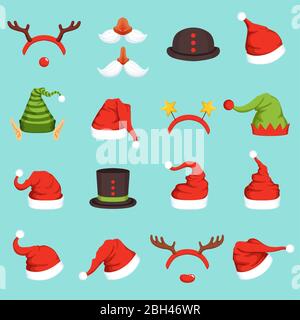 Hats of different christmas characters. Cap of santa, elf and snowman. Vector illustrations in cartoon style. Santa claus hat and christmas cap elf an Stock Vector
