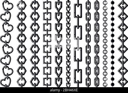 Silhouette of different steel chains isolate on white. Vector monochrome seamless set. Collection of chain metal strength, connection and joined endle Stock Vector